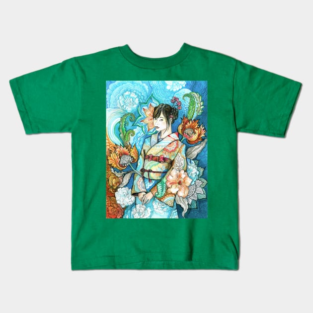 Japanese Girl in a Kimono Kids T-Shirt by FanitsaArt